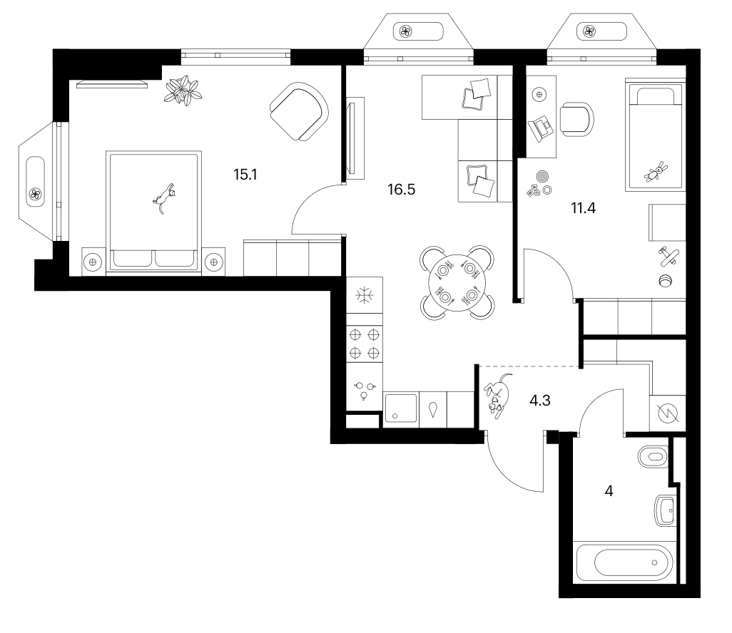 2-комн., 51.3 м², 11/24 этаж, ЖК «Зеленый парк»