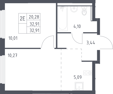 2-комн., 32.91 м², 13/17 этаж, ЖК «Пригород Лесное»