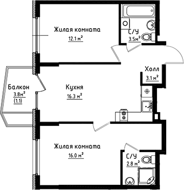 2-комн., 53.8 м², 5/6 этаж, ЖК «Коллекция»