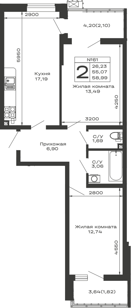 2-комн. квартира, 55.07 м² в ЖК Долина — фото 2