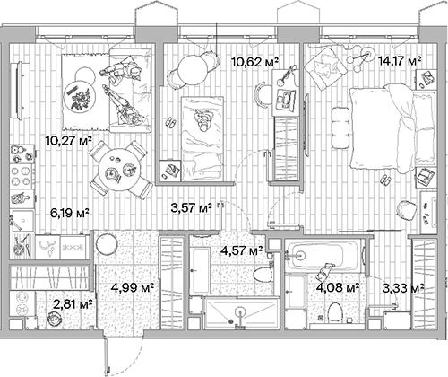 3-комн., 64.6 м², 4/12 этаж, ЖК «МЫС»