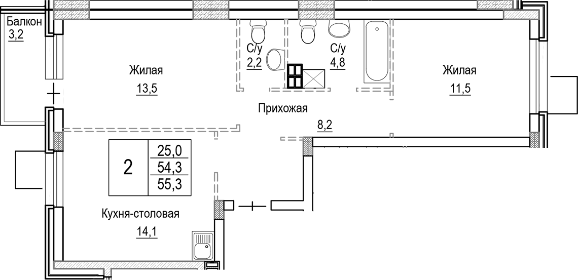 3-комн., 54.34 м², 8/9 этаж, ЖК «Лесная Отрада»