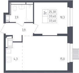 2-комн., 37.4 м², 15/17 этаж, ЖК «Мытищи Парк»
