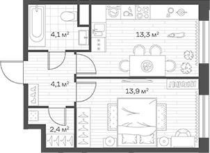 1-комн., 37.8 м², 2/12 этаж, ЖК «Аристов Берег»