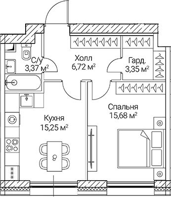 1-комн., 44.37 м², 32/51 этаж, ЖК «СЕЗАР СИТИ»