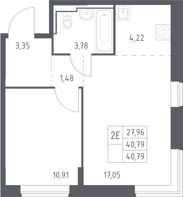 2-комн., 40.79 м², 7/12 этаж, ЖК «Богдановский лес»