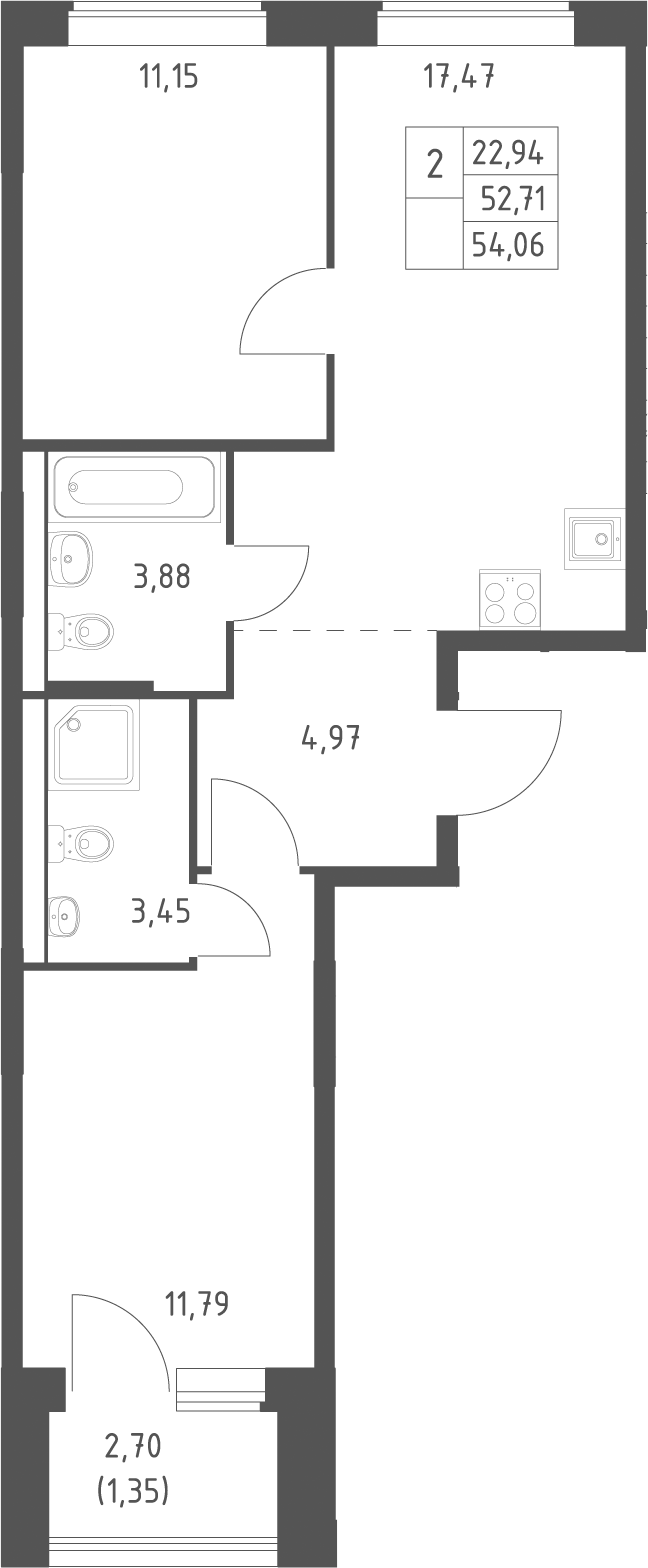 3-комн., 52.71 м², 4/11 этаж, ЖК «Большое Юрлово»