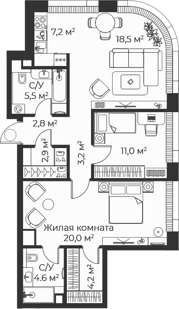 3-комн., 80 м², 27/35 этаж, ЖК «Веер»
