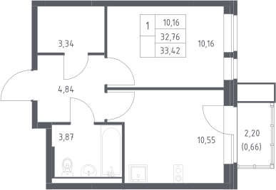 1-комн., 32.76 м², 10/13 этаж, ЖК «Квартал Авиаторов»