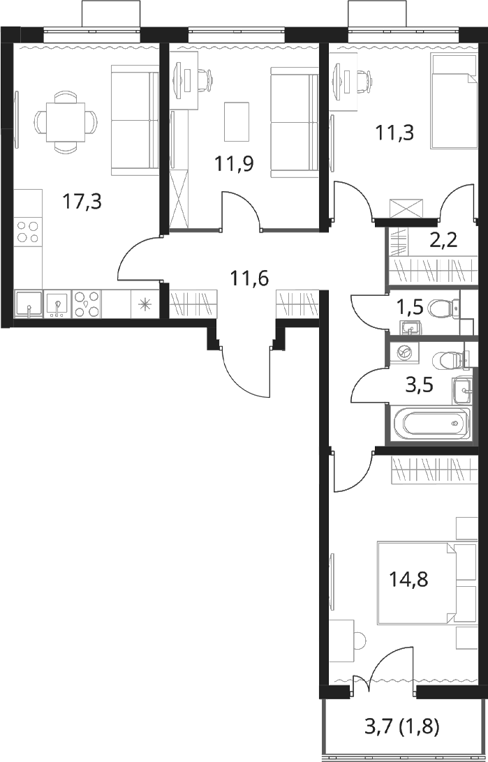 3-комн., 74.1 м², 2/16 этаж, ЖК «1-й Шереметьевский»