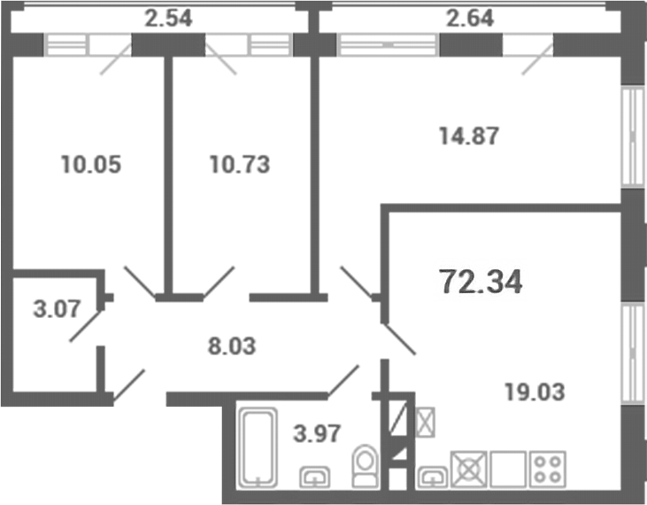 3-комн., 69.61 м², 4/4 этаж, ЖК «Южная Долина»