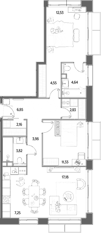3-комн., 77.12 м², 6/12 этаж, ЖК «МЫС»