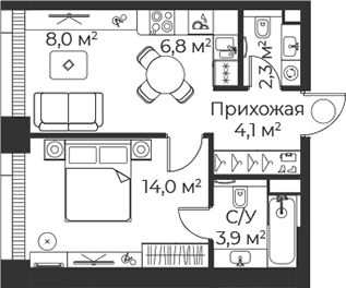 2-комн., 39.2 м², 3/38 этаж, ЖК «Веер»