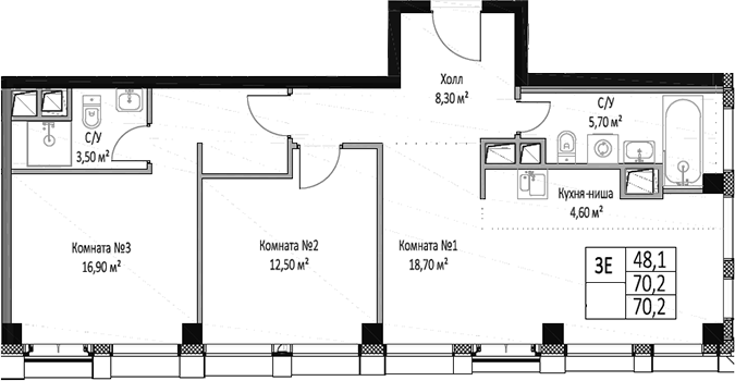 3-комн., 70.2 м², 12/26 этаж, ЖК «ЭМОУШН»