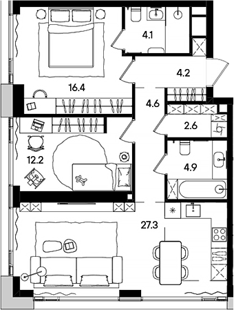 3-комн., 76.3 м², 13/45 этаж, ЖК «СТОУН Грэйн»
