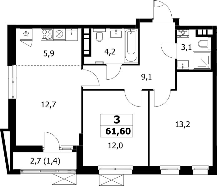 3-комн., 60.2 м², 14/17 этаж, ЖК «Прокшино»