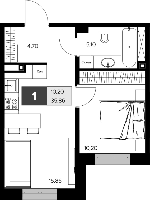 1-комн., 35.86 м², 1/9 этаж, ЖК «Ласточкино»