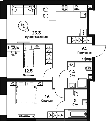 3-комн., 70.8 м², 23/32 этаж, ЖК «ЭРА»