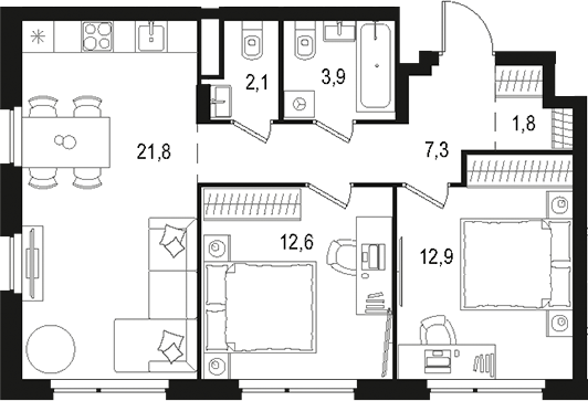 3-комн., 62.4 м², 12/15 этаж, ЖК «Левел Лесной»