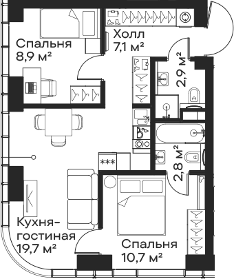 3-комн., 51.1 м², 16/59 этаж, ЖК «Сити Бэй»