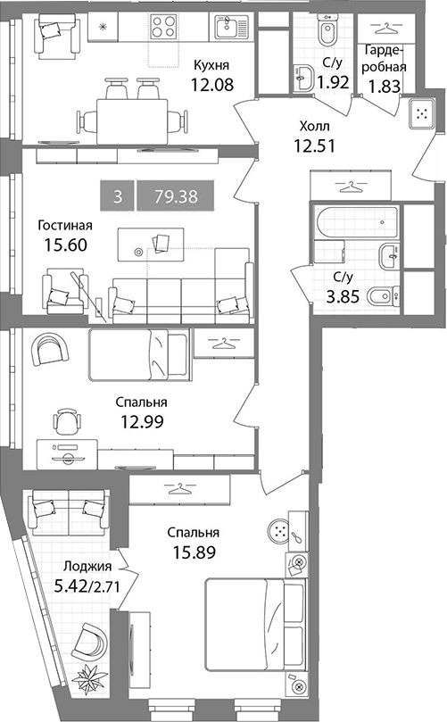 3-комн., 76.67 м², 8/9 этаж, ЖК «Планерный квартал»