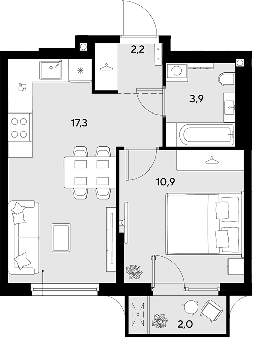 1-комн., 34.3 м², 6/9 этаж, ЖК «Грейд»