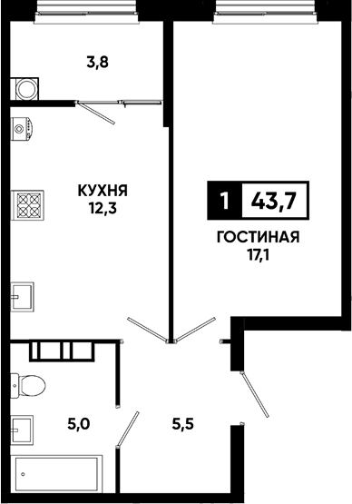 1-комн., 39.9 м², 9/16 этаж, ЖК «Кварталы 17/77»