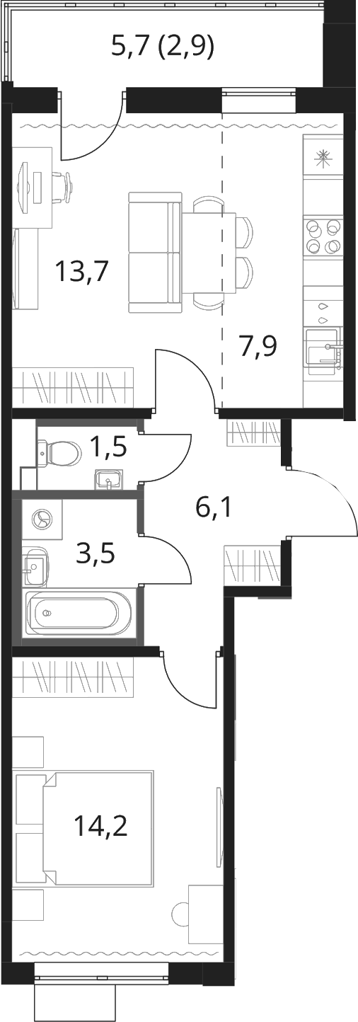 2-комн., 47 м², 10/16 этаж, ЖК «1-й Шереметьевский»