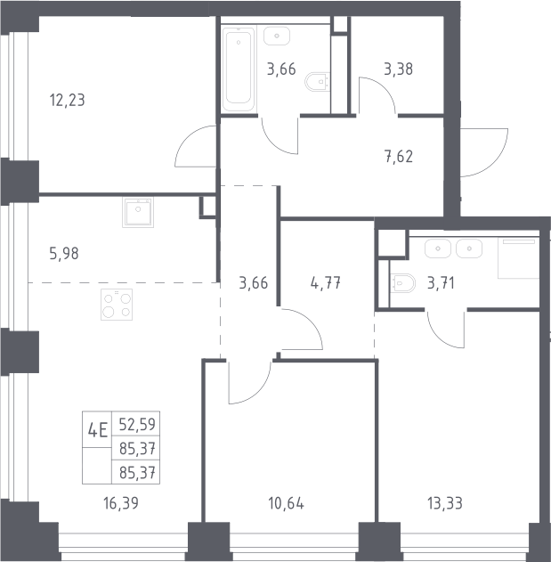 4+ комнаты, 85.37 м², 15/40 этаж, ЖК «НОВА»