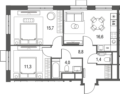 3-комн., 59.5 м², 16/25 этаж, ЖК «Сиреневый парк»