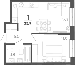 2-комн. квартира, 35.9 м² в ЖК Барса — фото 2