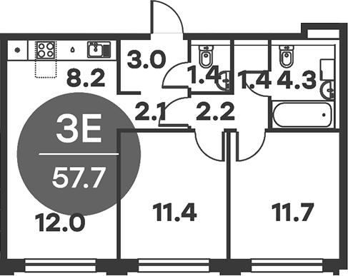 3-комн., 57.7 м², 5/6 этаж, ЖК «Равновесие»