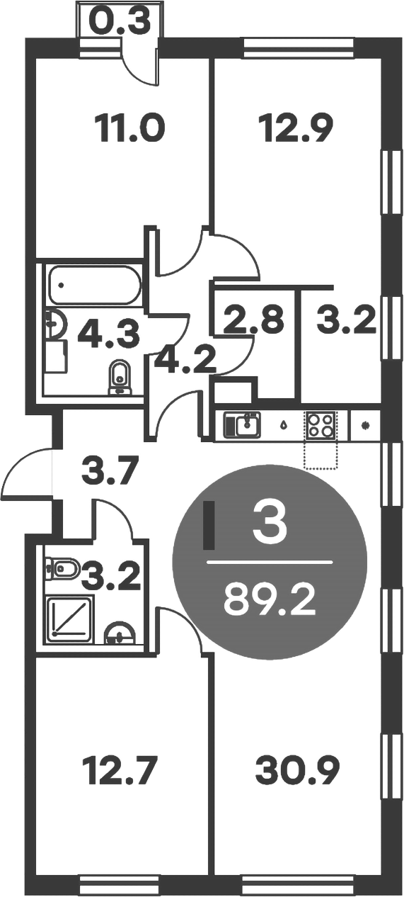 3-комн., 88.9 м², 6/6 этаж, ЖК «Равновесие»