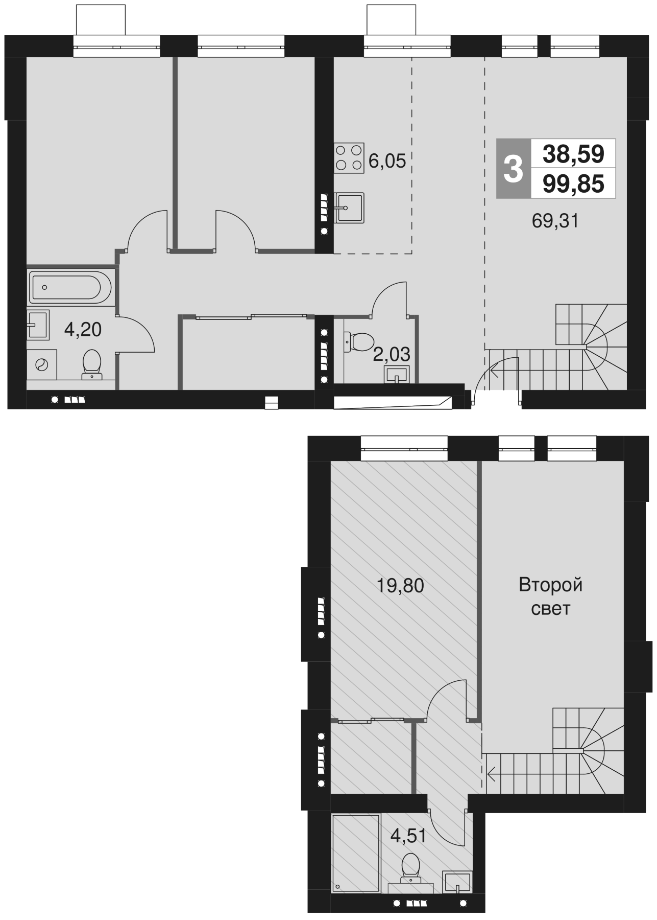 4+ комнаты, 99.85 м², 3/3 этаж, ЖК «Мартемьяново Клаб»