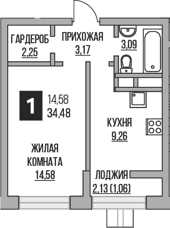 1-комн., 32.35 м², 15/15 этаж, ЖК «Гранель Пехра»