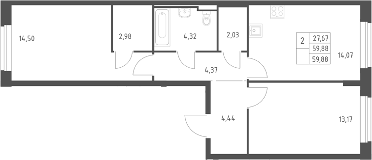2-комн., 59.88 м², 11/17 этаж, ЖК «Горки Парк»