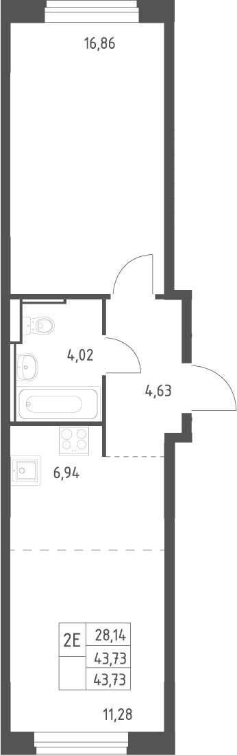 2-комн., 43.73 м², 16/17 этаж, ЖК «Квартал Ивакино»