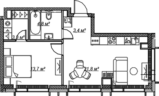 2-комн., 47 м², 51/59 этаж, ЖК «Веер»