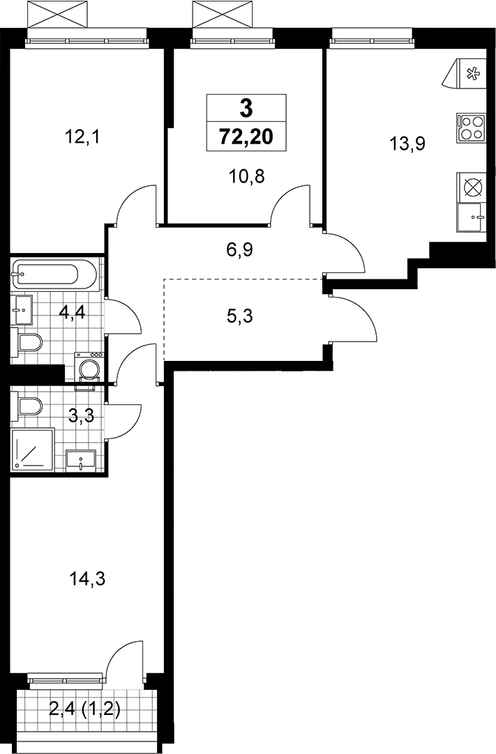 3-комн., 71 м², 13/13 этаж, ЖК «Прокшино»