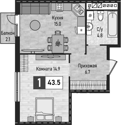 1-комн., 41.4 м², 6/8 этаж, ЖК «Живописный»