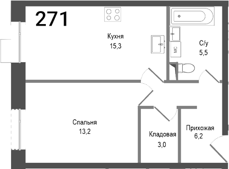 2-комн., 43.2 м², 2/4 этаж, ЖК «Киноквартал»