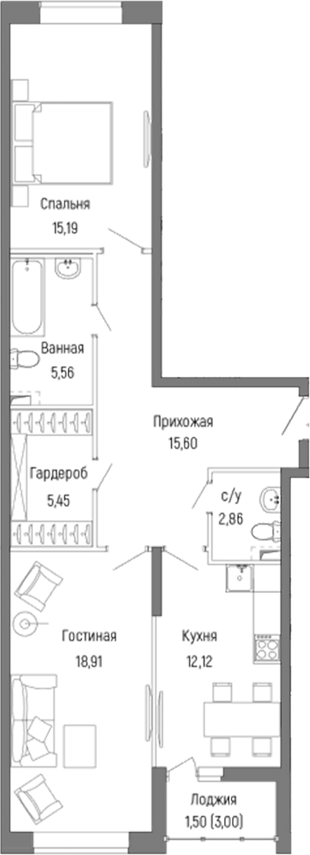 2-комн., 74.6 м², 1/9 этаж, ЖК «Рига Хиллс»