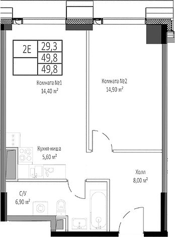 2-комн., 49.8 м², 26/35 этаж, ЖК «Мираполис»