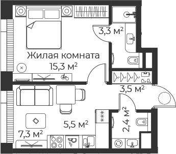 2-комн., 37.2 м², 18/35 этаж, ЖК «Веер»