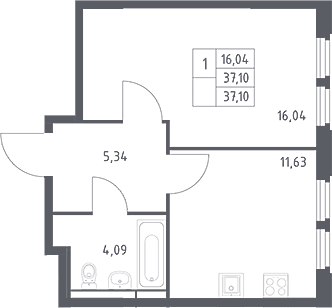1-комн., 37.1 м², 8/17 этаж, ЖК «Космический Квартал»