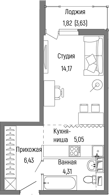 Студия, 29.96 м², 6/9 этаж, ЖК «Рига Хиллс»