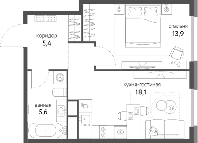 2-комн., 43 м², 21/25 этаж, ЖК «Сиреневый парк»
