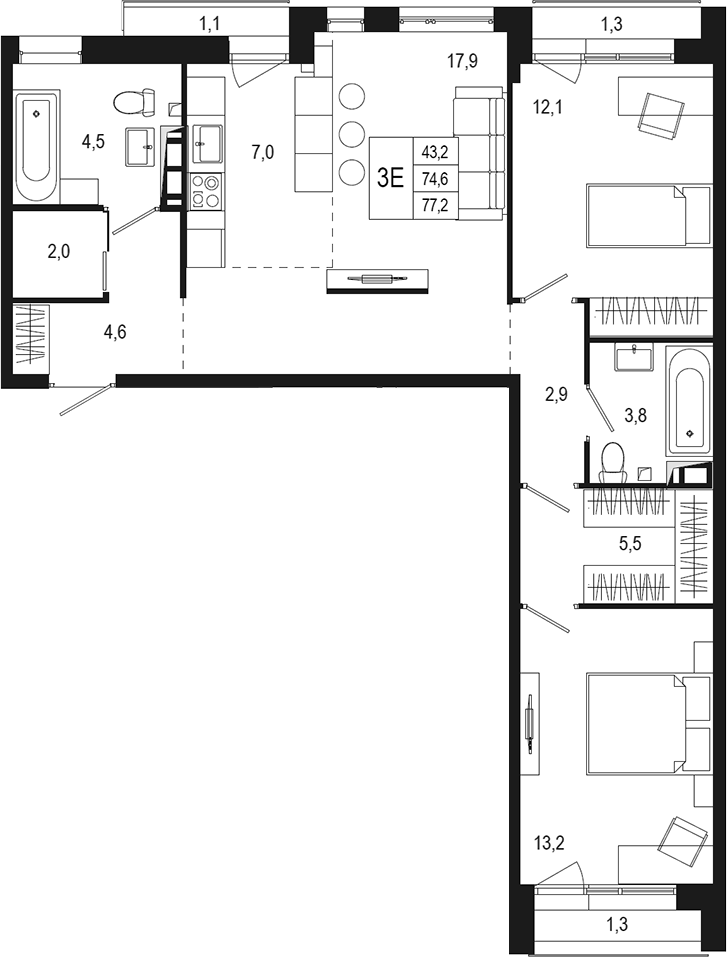 3-комн., 73.49 м², 7/8 этаж, ЖК «Новая Щербинка»
