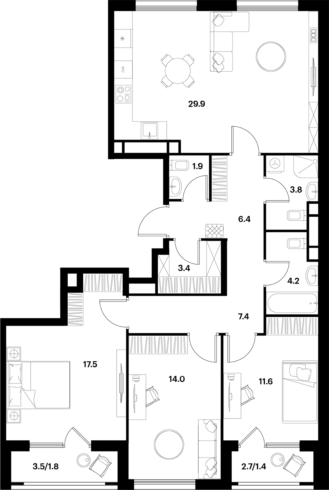4+ комнаты, 98.8 м², 11/11 этаж, ЖК «АЛИА»