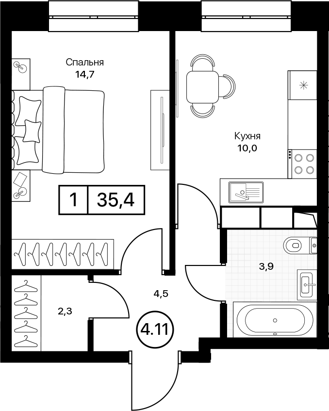 1-комн., 35.4 м², 10/17 этаж, ЖК «Пушкино Град»